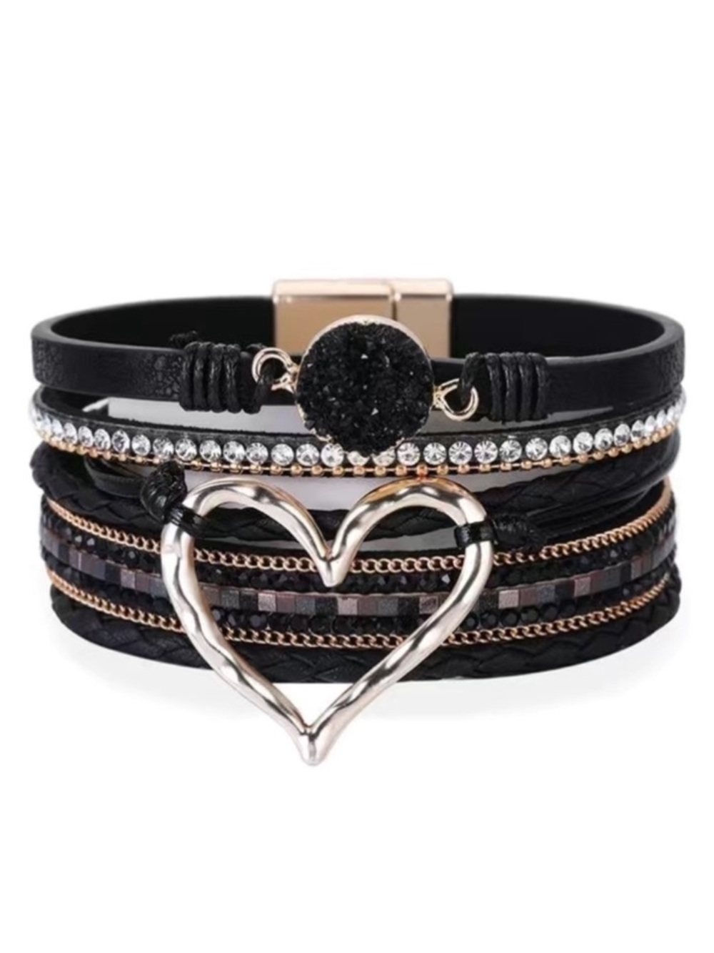 Black Leather Multi Layer Heart Crystal Druzy Magnetic Bracelet